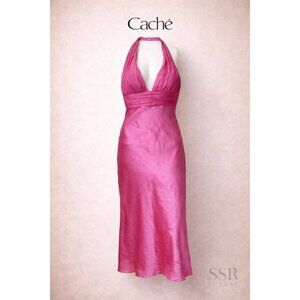 Vintage Y2K Caché Pink Silk Halter Midi Dress Ruched Deep V Size 4